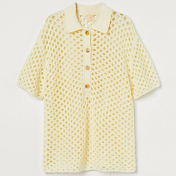 NWT H&M Cream Short Sleeve Hole-knit Top Size Medium - Picture 1 of 7